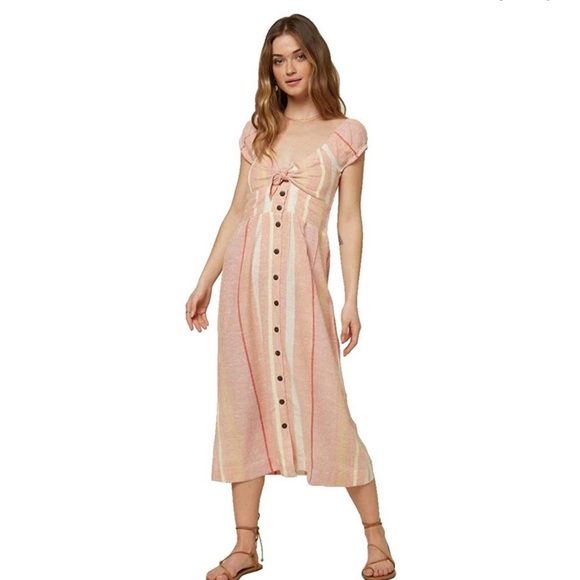 O'Neill Dresses & Skirts - O'Neill Women's Elijah Woven Midi Dress Tie Front Stripes Button Down Surf XS